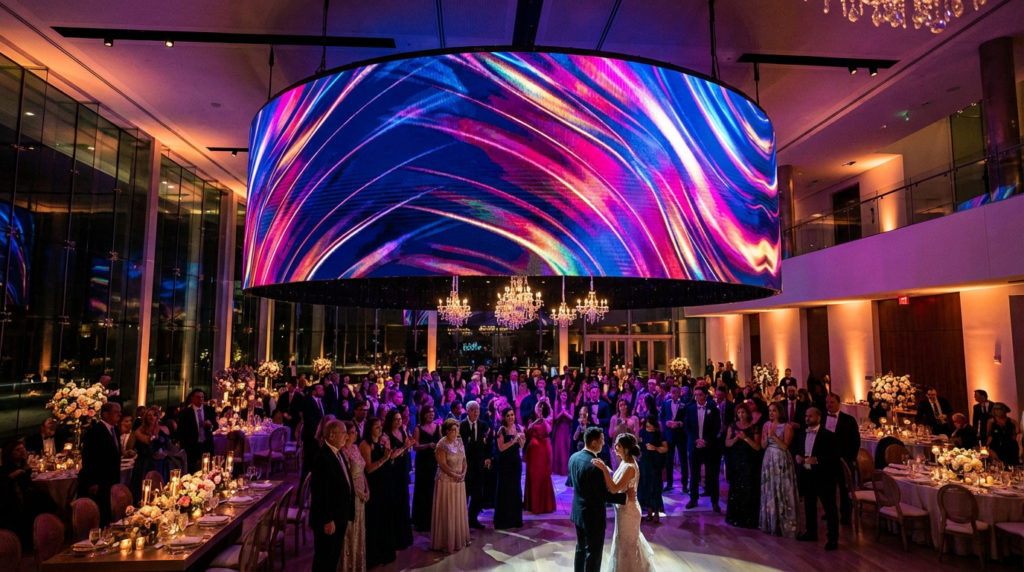 Un couple danse au centre d'un mariage élégant, sous un grand écran LED incurvé affichant des motifs lumineux et colorés. Les invités applaudissent.