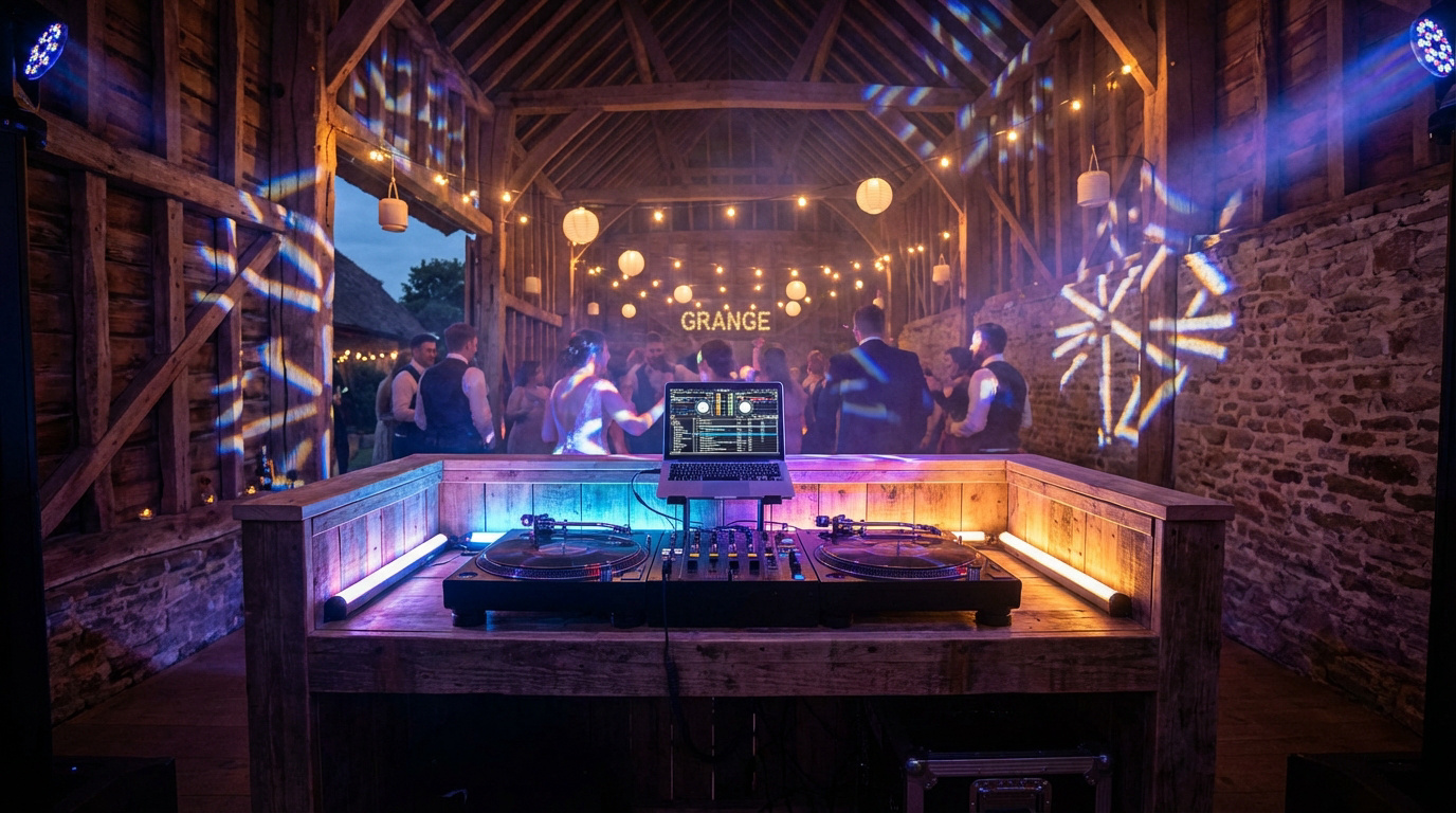 Une cabine DJ en bois avec platines et laptop lumineux, au milieu d'une grange festive où des gens dansent sous des lumières colorées.