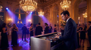 DJ élégant mixant lors d'un mariage de luxe à Paris. Invités mondains, lustres opulents et vue nocturne sur la Tour Eiffel.