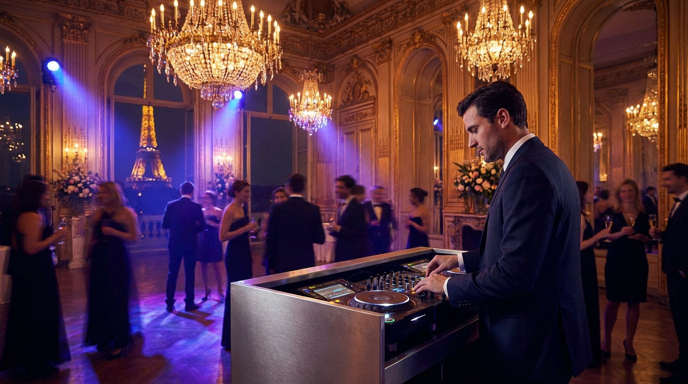 DJ élégant mixant lors d'un mariage de luxe à Paris. Invités mondains, lustres opulents et vue nocturne sur la Tour Eiffel.