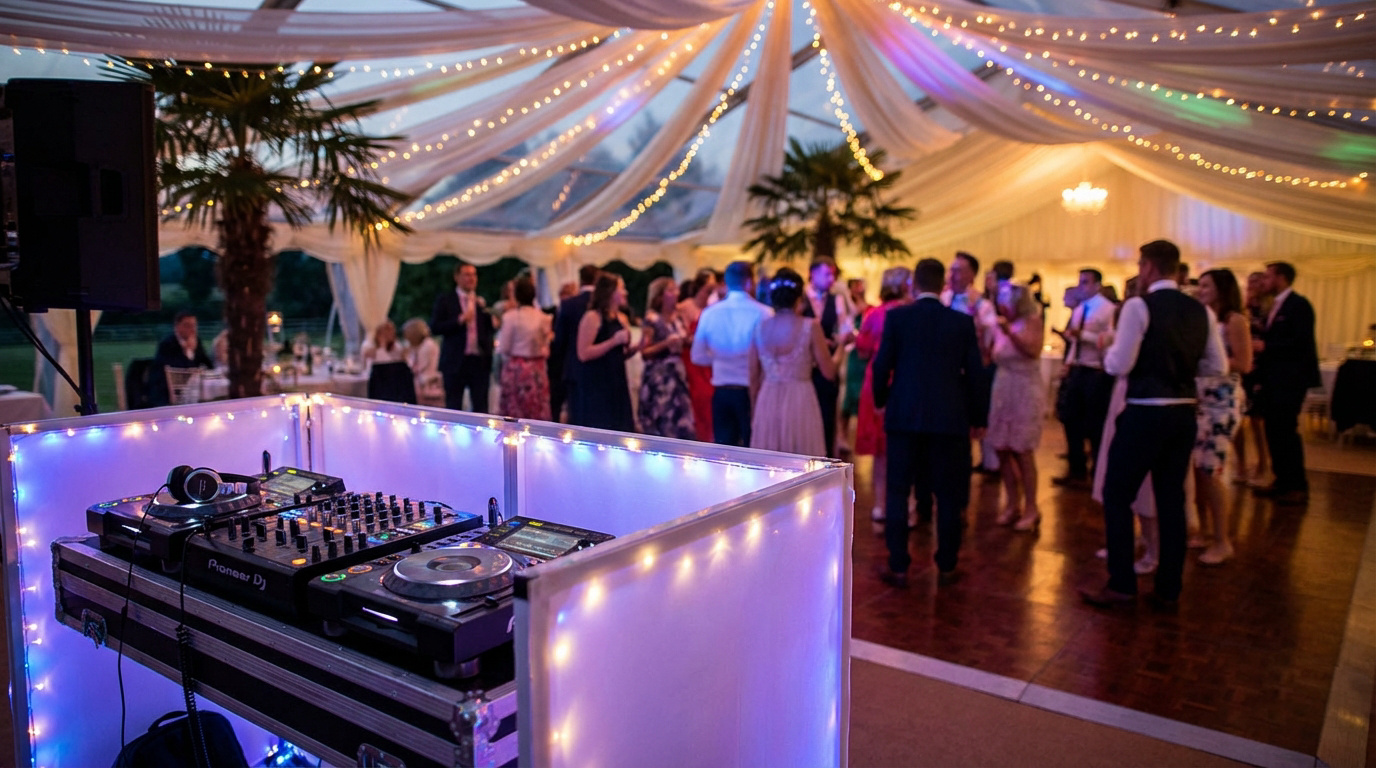 Installation DJ Pioneer éclairée au premier plan, devant des invités dansant sous une tente de mariage illuminée de guirlandes.