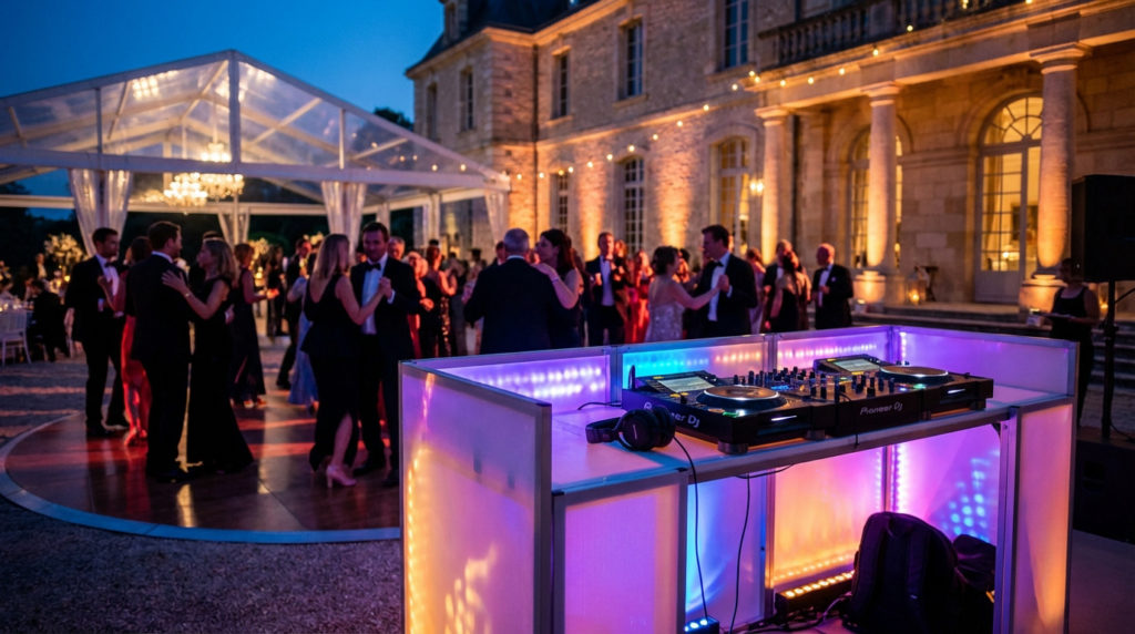 Console DJ éclairée au premier plan, devant des couples dansant sur une piste extérieure, avec un grand château illuminé en arrière-plan.