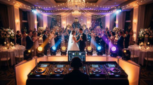 Vue d'un DJ sur une console animant un mariage. Les mariés dansent sous des lumières, entourés d'invités applaudissant.