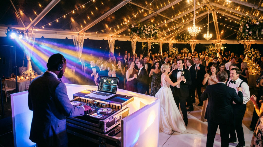 DJ en costume avec casque mixe de la musique sous un chapiteau transparent illuminé pour une piste de danse bondée de mariage.