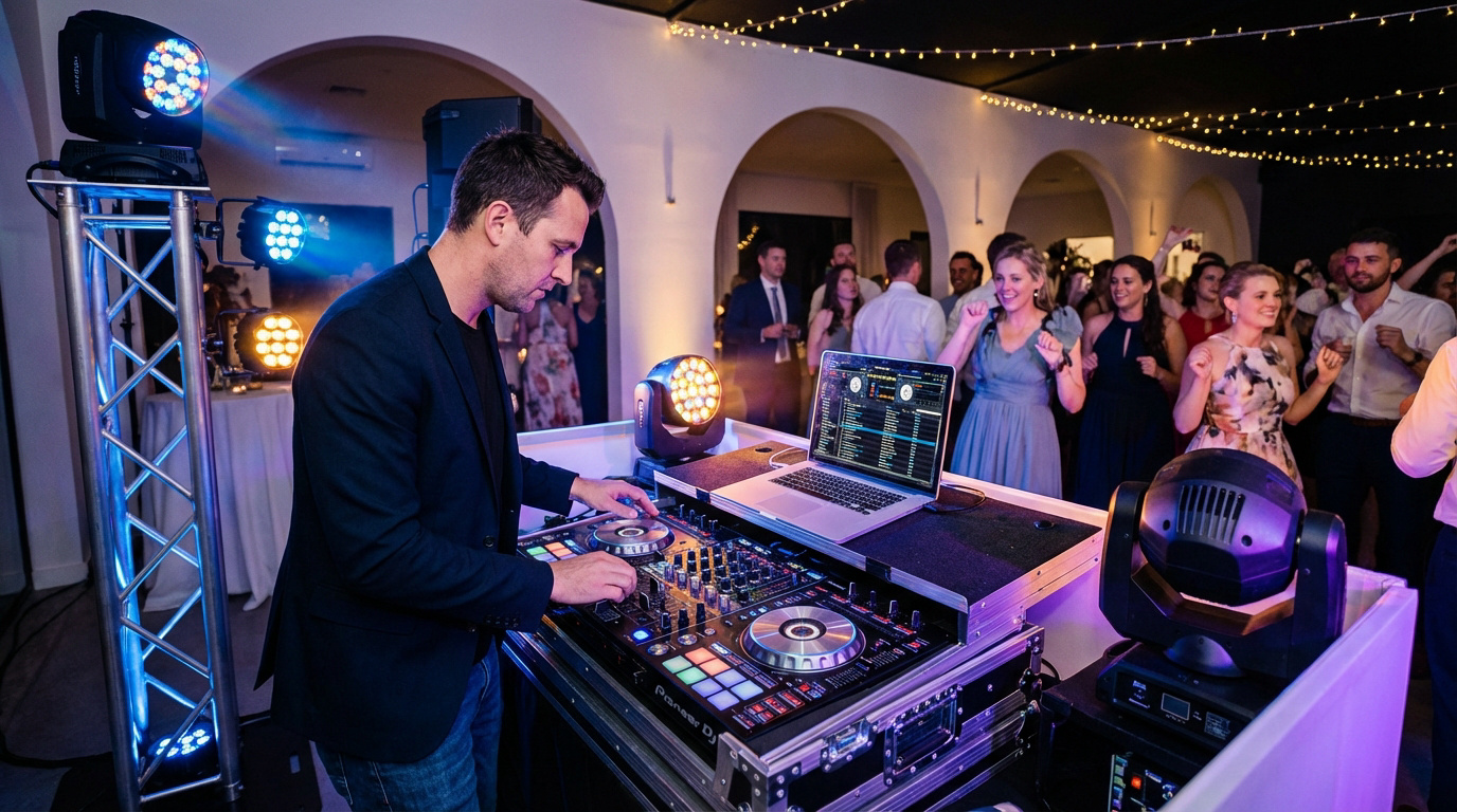 DJ homme mixant avec console et ordinateur portable à une soirée festive. Invités souriants dansent en arrière-plan sous des lumières.