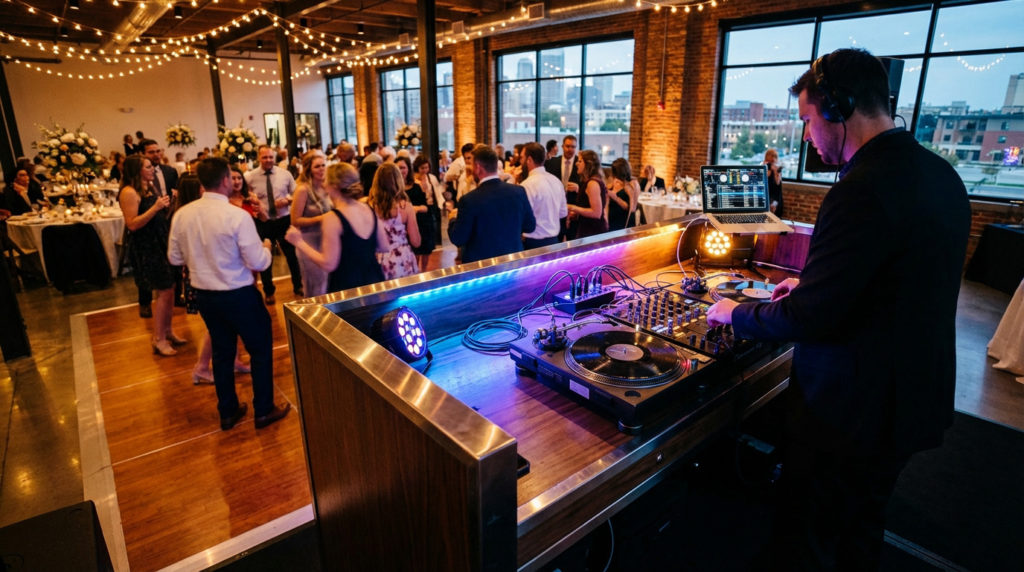 DJ mixant à une réception de mariage éclairée par des guirlandes lumineuses, des invités dansent sur la piste.