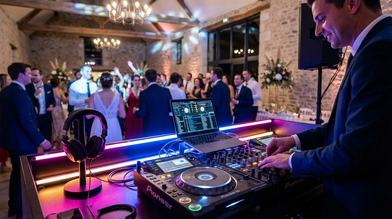 Un DJ souriant aux platines lors d'un mariage, avec des danseurs joyeux et une atmosphère festive en Essonne.