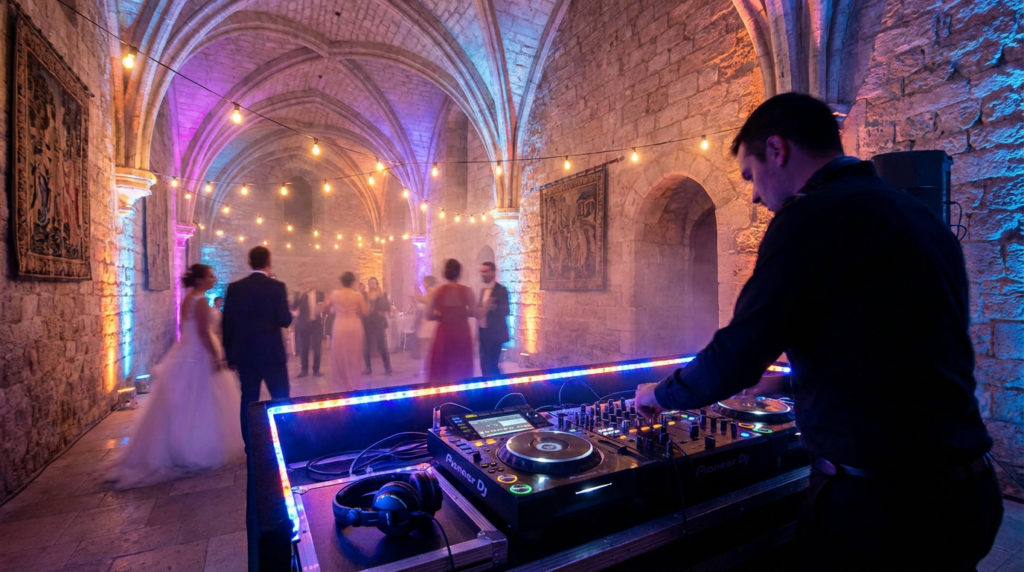 DJ mixant lors d'un mariage dans une salle médiévale aux voûtes en pierre, ambiance lumineuse violette et bleue avec guirlandes.