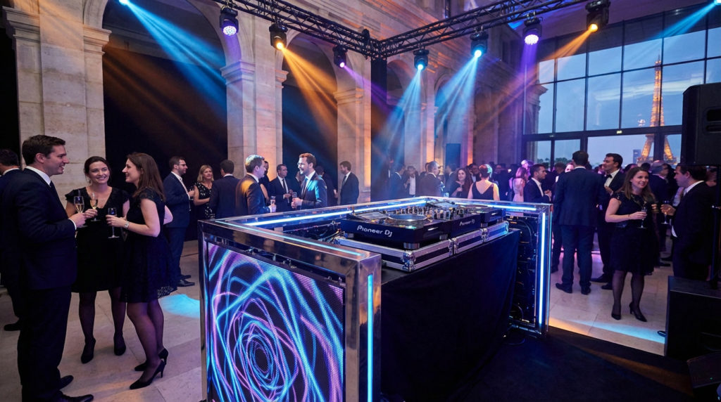 DJ mixant à une soirée de gala d'entreprise, les invités discutent. Éclairage coloré et vue sur la Tour Eiffel.