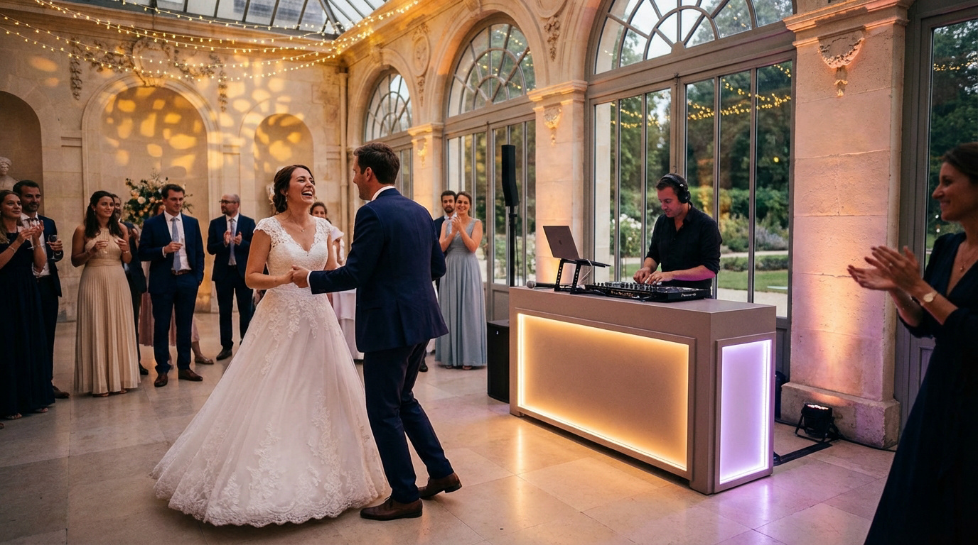 Mariés rayonnants dansant sur la piste, un DJ professionnel aux platines, des invités applaudissent dans une orangerie lumineuse.