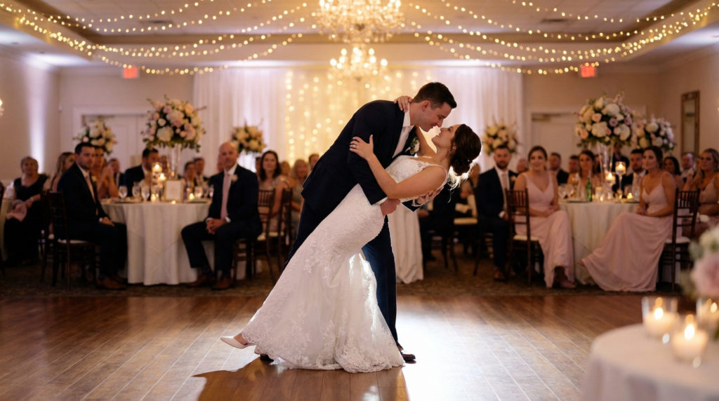 Mariés souriants dansent, le marié faisant pencher la mariée en arrière. Ambiance chaleureuse avec lumières et invités.