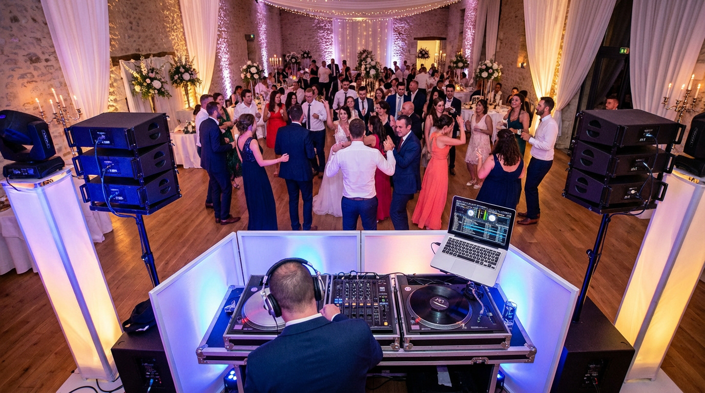 Vue arrière d'un DJ avec casque, mixant pour un mariage. La piste de danse est pleine de convives joyeux dans un lieu décoré.