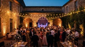 Cour de prieuré éclairée pour un mariage. Invités dansent au rythme du DJ, entre murs de pierre et tables fleuries.