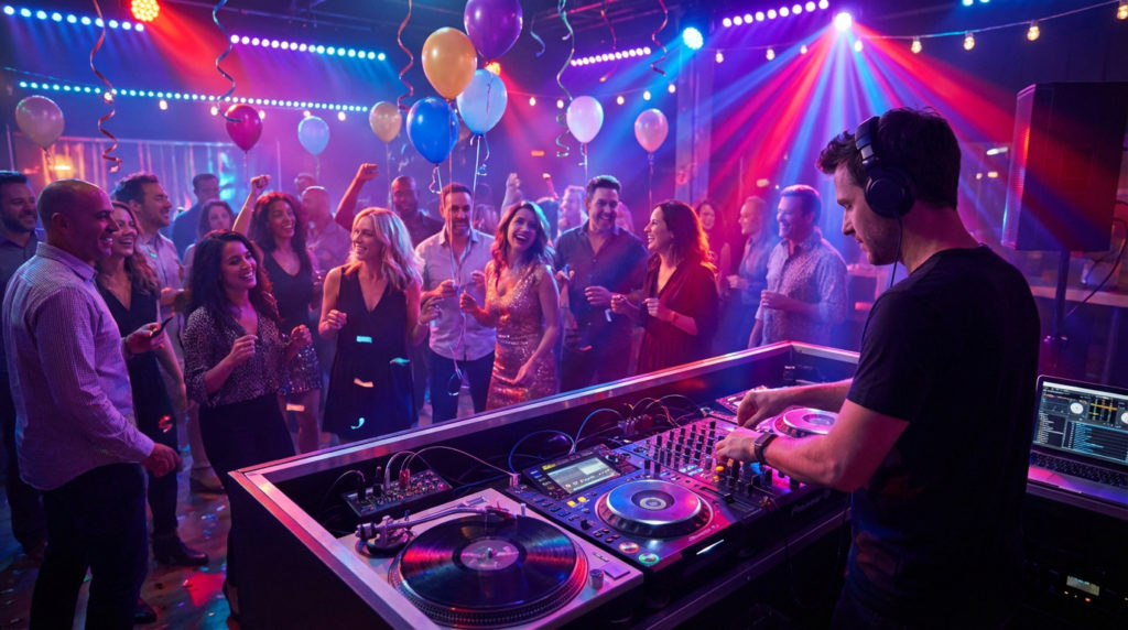 DJ mixant sur platines face à des adultes de divers âges dansant joyeusement à une fête vibrante avec ballons et lumières colorées.