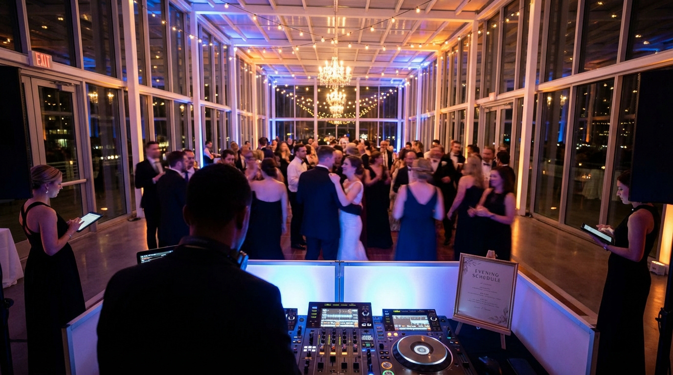 Vue d'un DJ de dos mixant pour une piste de danse animée lors d'un mariage élégant, avec des coordonnateurs en arrière-plan.