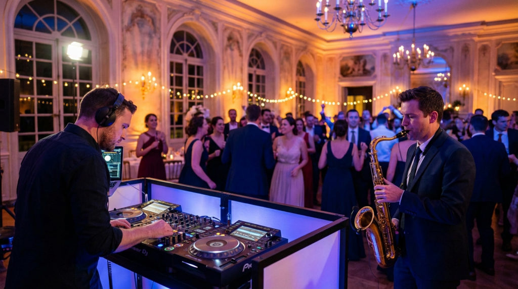 DJ avec casque aux platines et saxophoniste jouant devant une foule joyeuse dans une salle de réception élégante.