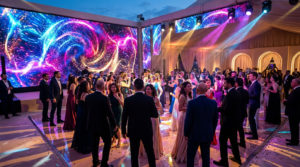 Foule élégante dansant sous des écrans LED colorés et des jeux de lumière. Ambiance de mariage animée par un DJ.