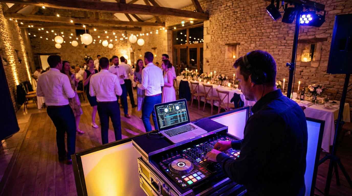 Un DJ mixe avec casque et platines lors d'un mariage dans une salle en pierre avec des lumières chaudes et des invités qui dansent.