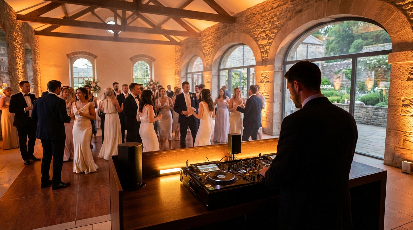 Un DJ mixe dans un moulin en pierre. Des invités élégants célèbrent sous des lumières chaudes. Vue sur un jardin verdoyant.